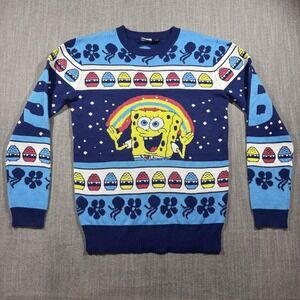 SpongeBob‎ SquarePants Sweater Mens Medium Blue Rainbow Ugly Holiday Pullover